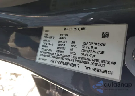 2023 Tesla Model 3 Rear-Wheel Drive z USA, uszkodzony, nr VIN 5YJ3E1EA1PF639117